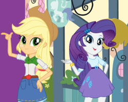 Size: 627x500 | Tagged: safe, applejack, rarity, equestria girls, g4, clothes, hall, smiling