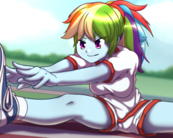 Size: 2500x2000 | Tagged: safe, artist:rockset, rainbow dash, equestria girls, g4, clothes, converse, cute, dashabetes, eyebrows, eyebrows visible through hair, female, high res, shirt, shoes, shorts, smiling, sneakers, solo, sports, stretching, t-shirt, uniform, workout