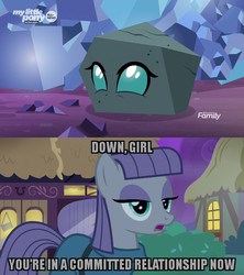 Size: 1280x1440 | Tagged: safe, edit, edited screencap, screencap, maud pie, ocellus, g4, the maud couple, uprooted, caption, cave, image macro, implied lesbian, ponyville, rock, rockellus, temptation, text, that pony sure does love rocks, transformation
