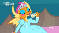 Size: 1920x1080 | Tagged: safe, screencap, smolder, dragon, g4, uprooted, blush sticker, blushing, clothes, cup, cute, discovery family logo, dragoness, dream sequence, dress, eyes closed, eyeshadow, female, food, jewelry, lipstick, makeup, princess smolder, smolderbetes, solo, tea, teacup, tiara