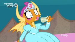 Size: 1920x1080 | Tagged: safe, screencap, smolder, dragon, g4, season 9, uprooted, blush sticker, blushing, caught, clothes, cup, cute, discovery family logo, dragoness, dream sequence, dress, female, food, jewelry, lipstick, princess smolder, puffy sleeves, shrunken pupils, smolderbetes, solo, tea, teacup, tiara, wide eyes