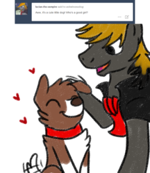 Size: 800x928 | Tagged: safe, artist:askwinonadog, winona, oc, oc:lucian the vampire, dog, vampony, ask winona, g4, ask, duo, eyes closed, head pat, heart, male, pat, petting, simple background, stallion, tail wag, tumblr, white background
