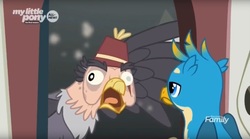 Size: 1655x918 | Tagged: safe, screencap, gallus, grampa gruff, griffon, g4, uprooted, blind eye, coughing, derp, duo, eye scar, faic, gallus is not amused, majestic as fuck, male, open beak, reeee, scar