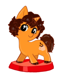 Size: 456x543 | Tagged: safe, artist:crosserabbit, oc, oc only, oc:triple shot, pony, unicorn, brown hair, brown mane, brunette, chibi, chubby, cloven hooves, coffee, curls, curly hair, curly mane, curly tail, cute, doodle, female, head turned, hooves, horn, looking at you, mare, mobile game, pocket ponies, ponysona, simple, simple background, smiling, solo, standing, style emulation, transparent background