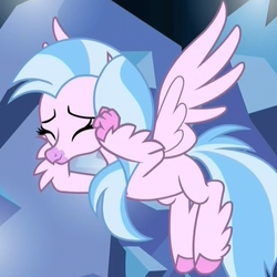 Size: 724x724 | Tagged: safe, screencap, silverstream, classical hippogriff, hippogriff, g4, uprooted, cropped, cute, diastreamies, eyes closed, female, flying, hands on cheeks, smiling, solo