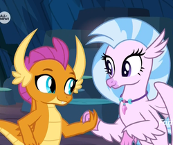 Size: 1291x1077 | Tagged: safe, screencap, silverstream, smolder, dragon, g4, uprooted, cropped, cute, diastreamies, discovery family logo, dragoness, duo, female, holding hands, out of context, smolderbetes