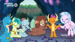 Size: 1920x1080 | Tagged: safe, screencap, gallus, ocellus, sandbar, silverstream, smolder, yona, changedling, changeling, classical hippogriff, dragon, earth pony, griffon, hippogriff, pony, yak, g4, uprooted, bow, cave, cloven hooves, colored hooves, discovery family logo, dragoness, eyes closed, female, flying, hair bow, holding hands, jewelry, male, meditating, monkey swings, necklace, sitting, student six, teenager