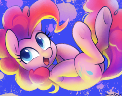 Size: 1575x1238 | Tagged: safe, artist:dawnfire, pinkie pie, earth pony, pony, g4, abstract background, colored pupils, cute, cutie mark, diapinkes, female, happy, mare, on back, open mouth, signature, smiling, solo, underhoof