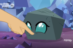 Size: 1629x1075 | Tagged: safe, edit, edited screencap, screencap, ocellus, changedling, changeling, g4, uprooted, boop, boop edit, discovery family logo, disembodied hand, disguise, disguised changeling, finger, hand, rock, rockellus