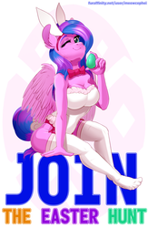 Size: 1957x3000 | Tagged: safe, artist:meowcephei, anthro, plantigrade anthro, breasts, bunny ears, bunny suit, cleavage, clothes, commission, costume, easter, easter bunny, easter egg, female, holiday, one eye closed, solo, stockings, thigh highs, your character here