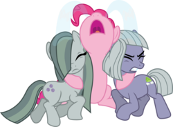 Size: 2723x2009 | Tagged: safe, artist:davidsfire, limestone pie, marble pie, pinkie pie, earth pony, pony, g4, crying, cutie mark, distraught, eyes closed, female, frown, gritted teeth, high res, hug, mare, nose in the air, ocular gushers, open mouth, pie sisters, siblings, simple background, sisters, transparent background, trio, vector