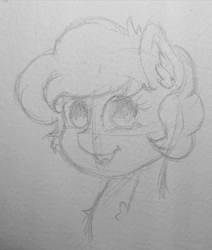 Size: 1381x1628 | Tagged: safe, artist:lightisanasshole, pinkie pie, earth pony, pony, g4, alternate hairstyle, cute, female, fluffy, pencil, pencil drawing, short hair, short mane, sketch, smiling, solo, traditional art, wip