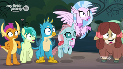 Size: 1920x1080 | Tagged: safe, screencap, gallus, ocellus, sandbar, silverstream, smolder, yona, changedling, changeling, classical hippogriff, dragon, earth pony, griffon, hippogriff, pony, yak, g4, uprooted, bow, cloven hooves, colored hooves, dragoness, female, hair bow, jewelry, male, monkey swings, necklace, reaction image, student six, teenager