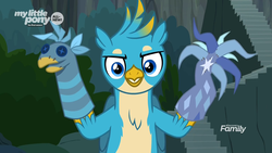Size: 1920x1080 | Tagged: safe, screencap, gallus, griffon, g4, uprooted, adorabolical, adoraevil, cute, discovery family, discovery family logo, evil smile, gallabetes, griffon teeth, grin, logo, male, puppet, smiling, sock puppet, solo