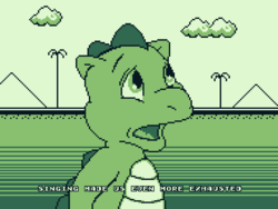 Size: 764x576 | Tagged: safe, artist:tarkan809, spike (g1), dragon, g1, my little pony 'n friends, the magic coins, 8-bit, desert, exhausted, game boy, pixel art, solo, subtitles, super mario land