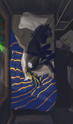 Size: 1280x2160 | Tagged: safe, artist:eqlipse, oc, oc only, oc:trestle, earth pony, pony, bed, detailed background, eyes closed, male, painterly, rain, relaxing, sleeping, solo, stallion, window