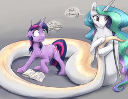 Size: 3300x2550 | Tagged: safe, artist:silfoe, princess celestia, twilight sparkle, alicorn, lamia, monster pony, original species, pony, snake, snake pony, unicorn, g4, book, celamia, commission, cute, cutelestia, danger noodle, dialogue, female, floppy ears, frown, gradient background, gray background, gritted teeth, high res, hoof fluff, horn, lamiafied, leg fluff, looking back, mare, messy mane, oh no, panic, post-transformation, raised hoof, scared, shrunken pupils, simple background, snakelestia, species swap, speech bubble, spell gone wrong, spellbook, surprised, tail, this will end in tears and/or a journey to the moon, transformation, unicorn twilight, wide eyes, wing fluff, wings