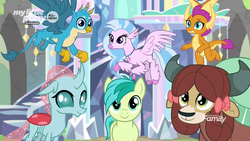 Size: 1920x1080 | Tagged: safe, screencap, gallus, ocellus, sandbar, silverstream, smolder, yona, changedling, changeling, classical hippogriff, dragon, earth pony, griffon, hippogriff, pony, yak, g4, uprooted, bow, dragoness, female, flying, hair bow, male, monkey swings, smiling, student six, treehouse of harmony