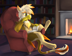 Size: 1320x1020 | Tagged: safe, artist:silfoe, oc, oc only, oc:ember burd, griffon, book, bookshelf, chair, colored wings, commission, eared griffon, fire, fireplace, gradient wings, griffon oc, male, paws, reading, smiling, solo