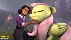 Size: 3840x2160 | Tagged: safe, artist:epiclper, fluttershy, human, pony, g4, 3d, crossover, cute, eyes closed, gimp, high res, miss pauling, scout (tf2), scout is not amused, shyabetes, source filmmaker, team fortress 2, u jelly?