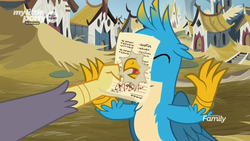 Size: 1920x1080 | Tagged: safe, screencap, gallus, grampa gruff, griffon, g4, uprooted, beak, blinded, casual child abuse, chest fluff, claws, discovery family logo, eyes closed, griffonstone, male, open beak, paper, permission slip, scroll, signature, surprised, wings, written equestrian