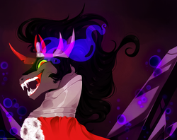 Size: 2503x1987 | Tagged: safe, artist:polkadot-creeper, king sombra, pony, unicorn, g4, bust, curved horn, fangs, horn, male, smiling, solo, sombra eyes, stallion