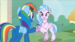 Size: 1259x710 | Tagged: safe, screencap, rainbow dash, silverstream, classical hippogriff, hippogriff, pegasus, pony, g4, uprooted, butt, clothes, duo, female, goggles, mare, plot, uniform, wonderbolts, wonderbolts uniform