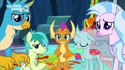 Size: 1366x768 | Tagged: safe, screencap, gallus, ocellus, sandbar, silverstream, smolder, changedling, changeling, dragon, earth pony, griffon, hippogriff, pony, g4, uprooted, dragoness, female, male, paint