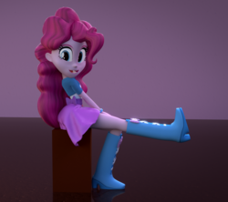 Size: 1214x1080 | Tagged: safe, artist:creatorofpony, artist:fd-daylight, pinkie pie, equestria girls, g4, player piano, 3d, blender, boots, bracelet, clothes, female, hair, high heel boots, jewelry, looking at you, open mouth, open smile, shirt, shoes, sitting, skirt, smiling, solo, teenager, vest