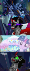 Size: 1700x4000 | Tagged: safe, edit, edited screencap, screencap, king sombra, tree of harmony, twilight sparkle, pony, unicorn, g4, the beginning of the end, uprooted, all for nothing, armor, black mane, cape, clothes, comic, crown, crystal, dark crystal, discovery family logo, fangs, funny face, green eyes, harmy castle, horn, jewelry, majestic, male, meme, open mouth, red eyes, red horn, regalia, screencap comic, shocked, stallion, teeth, treehouse of harmony, treelight sparkle
