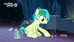 Size: 864x488 | Tagged: safe, screencap, sandbar, pony, g4, uprooted, animated, animation error, annoyed, cute, earmuffs, headphones, male, missing cutie mark, no sound, offscreen character, plant, sandabetes, sapling, solo, startled, watering can, wavy mouth, webm
