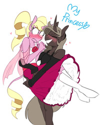 Size: 591x724 | Tagged: safe, artist:redxbacon, oc, oc only, oc:eureka, oc:parch well, unicorn, anthro, anthro oc, blushing, bridal carry, carrying, clothes, female, lesbian, mare, skirt, socks, white socks