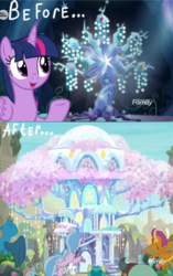 Size: 1700x2700 | Tagged: safe, edit, edited screencap, screencap, gallus, ocellus, sandbar, silverstream, smolder, tree of harmony, twilight sparkle, yona, alicorn, dragon, griffon, pony, g4, the beginning of the end, uprooted, before and after, cropped, crystal, dragoness, female, male, mare, student six, treehouse of harmony, twilight sparkle (alicorn)