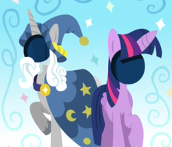 Size: 1174x1005 | Tagged: safe, edit, edited screencap, screencap, star swirl the bearded, twilight sparkle, alicorn, pony, g4, uprooted, cropped, duo, face hole board, female, male, mare, painting, stallion, standee, twilight sparkle (alicorn)