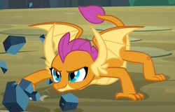 Size: 1014x649 | Tagged: safe, screencap, smolder, dragon, g4, uprooted, all fours, behaving like a lizard, claws, cropped, crouching, cute, dragoness, fangs, female, horns, raised tail, rock, slit pupils, smiling, smolderbetes, solo, spread wings, tail, toes, wings