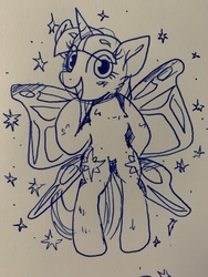 Size: 4032x3024 | Tagged: safe, artist:rainbow eevee, twilight sparkle, pony, g4, butterfly wings, female, glitter, hitachi, ink, lineart, pen drawing, raised hoof, solo, sparkles, traditional art