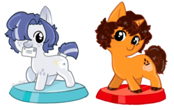Size: 1170x741 | Tagged: safe, artist:crosserabbit, oc, oc:paid postage, oc:triple shot, earth pony, pony, unicorn, accessory, chibi, clothes, cloven hooves, coffee, commission, commission info, curly hair, curly mane, eyelashes, female, for sale, freckles, gradient markings, hair over one eye, hooves, horn, looking at you, mail, mailpony, male, mare, markings, mobile game, multicolored mane, pocket ponies, poststallion, simple background, smiling, spots, stallion, standing, straight hair, straight mane, streaked mane, striped mane, style emulation, tailcuff, transparent background, white