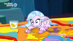 Size: 1920x1080 | Tagged: safe, screencap, silverstream, classical hippogriff, hippogriff, g4, uprooted, cave of harmony, discovery family logo, frown, lying down, paint bucket, paintbrush, painting, shrunken pupils, soaked, this will end in tears, thousand yard stare, wet, wet mane, wide eyes