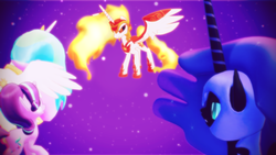 Size: 3500x1971 | Tagged: safe, artist:equmoria, daybreaker, nightmare moon, princess celestia, starlight glimmer, pony, g4, .zip file at source, 3d, 3d model, downloadable, mmd