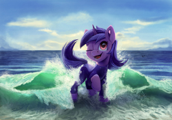 Size: 2000x1391 | Tagged: safe, artist:tsitra360, sea swirl, seafoam, pony, unicorn, g4, background pony, commission, cute, female, mare, namesake, ocean, one eye closed, open mouth, pun, seadorable, smiling, solo, visual pun, wave, wetsuit, wink
