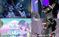 Size: 2700x1700 | Tagged: safe, edit, edited screencap, screencap, king sombra, tree of harmony, twilight sparkle, pony, unicorn, g4, the beginning of the end, uprooted, broken, dark crystal, death, female, male, shattered, stallion, treehouse of harmony, treelight sparkle