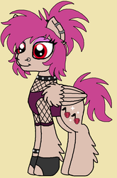 Size: 612x926 | Tagged: safe, artist:rosefang16, oc, oc only, oc:raspberry jam, pegasus, pony, choker, clothes, ear fluff, ear piercing, earring, eyeshadow, female, fingerless gloves, gloves, jewelry, leg fluff, magical lesbian spawn, makeup, mare, nose piercing, nose ring, offspring, parent:berry punch, parent:strawberry sunrise, parents:strawberry punch, piercing, simple background, solo, spiked choker, spiked wristband, tank top, wing fluff, wristband, yellow background
