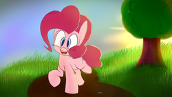 Size: 3840x2160 | Tagged: safe, artist:packy paca, pinkie pie, earth pony, pony, g4, colored pupils, cute, diapinkes, eye clipping through hair, female, high res, open mouth, solo, sun, tree