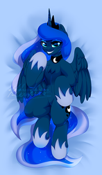 Size: 405x691 | Tagged: source needed, useless source url, safe, artist:dolorosacake, princess luna, alicorn, pony, g4, body pillow, body pillow design, looking at you, lying, smiling