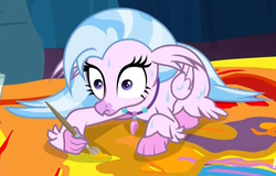 Size: 1107x707 | Tagged: safe, screencap, silverstream, hippogriff, g4, uprooted, collar, cropped, female, folded wings, lying, paint, paintbrush, painting, shocked, solo, surprised, thousand yard stare, wet, wet mane, wide eyes, wings