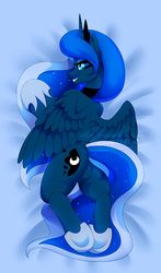 Size: 405x691 | Tagged: source needed, useless source url, safe, artist:dolorosacake, princess luna, alicorn, pony, semi-anthro, g4, arm hooves, body pillow, body pillow design, female, human shoulders, looking at you, looking back, looking back at you, lying, mare, smiling