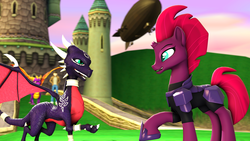 Size: 3840x2160 | Tagged: safe, artist:jachau, tempest shadow, dragon, pony, unicorn, g4, my little pony: the movie, 3d, airship, armor, broken horn, crossover, cynder, dragoness, female, high res, hoof shoes, horn, mare, photoshop, source filmmaker, spyro the dragon, spyro the dragon (series), the legend of spyro