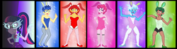 Size: 15117x4250 | Tagged: safe, artist:urhangrzerg, flash sentry, pinkie pie, sci-twi, sunset shimmer, timber spruce, trixie, twilight sparkle, equestria girls, equestria girls series, g4, armpits, bubble berry, bunny suit, clothes, costume, crossdressing, easter, equestria guys, geode of telekinesis, glasses, glowing hands, holiday, magical geodes, male, midnight sparkle, rule 63, sunset glare, tristan