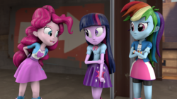 Size: 1920x1080 | Tagged: safe, artist:fd-daylight, pinkie pie, rainbow dash, twilight sparkle, equestria girls, g4, 3d, boots, clothes, collar, crossed arms, female, hands behind back, leaning forward, shirt, shoes, skirt, source filmmaker, t-shirt, teenager, twilight sparkle (alicorn), wristband