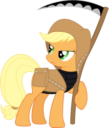 Size: 830x972 | Tagged: safe, artist:totallynotabronyfim, applejack, earth pony, pony, g4, armor, female, hood, magical girl, magical girl outfit, saddle bag, scythe, simple background, solo, transparent background